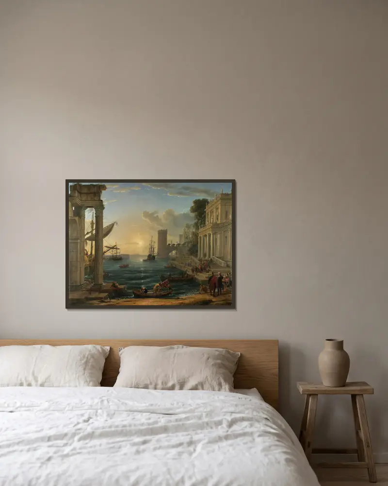 The Embarkation of the Queen of Sheba av Claude Lorrain inramad på en vägg