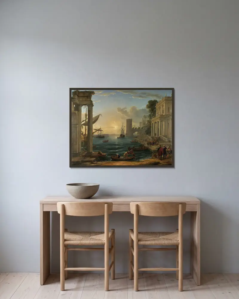 The Embarkation of the Queen of Sheba av Claude Lorrain inramad på en vägg