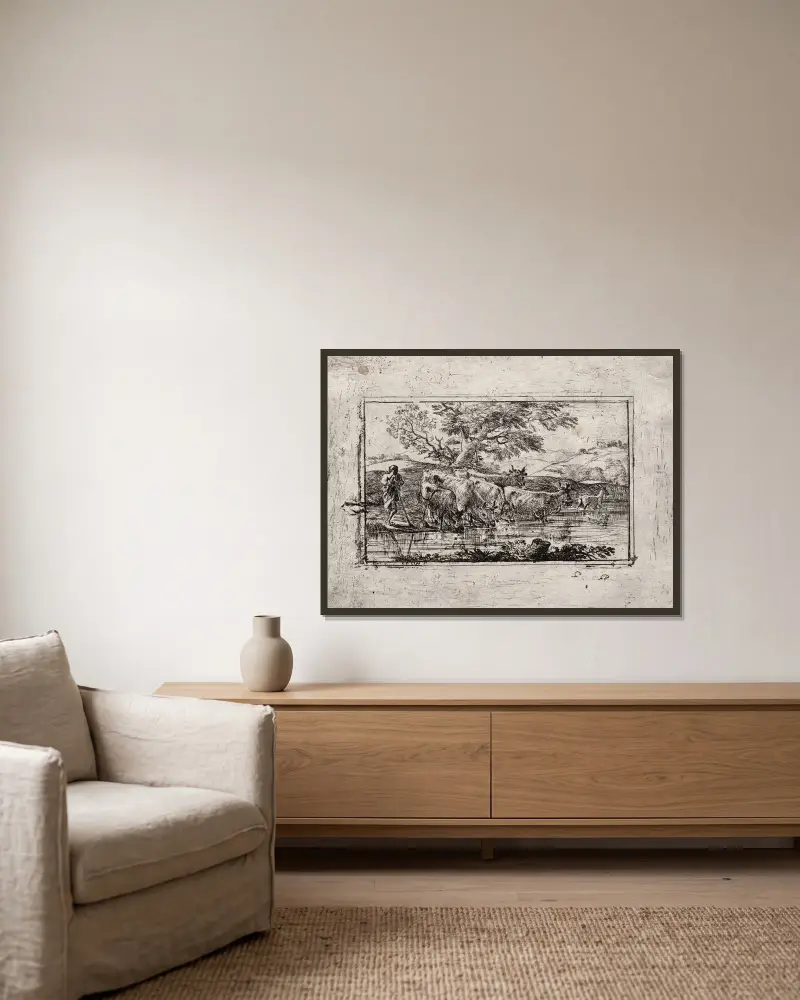 Boskapen vid vattningsstället av Claude Lorrain inramad på en vägg