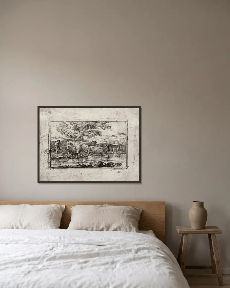 Boskapen vid vattningsstället av Claude Lorrain inramad på en vägg