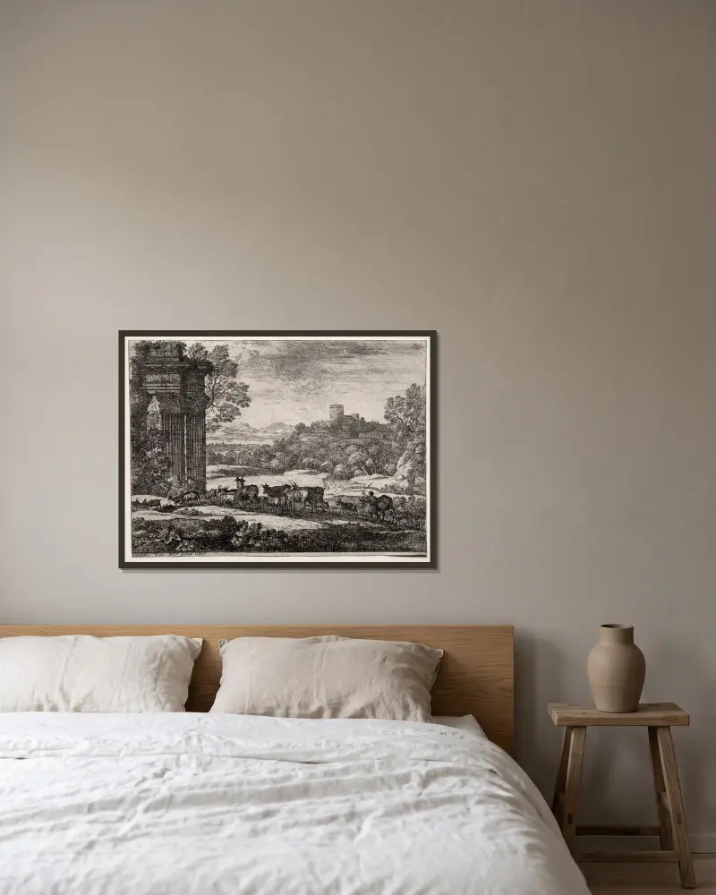 Hjorden återvänder i stormigt väder av Claude Lorrain inramad på en vägg