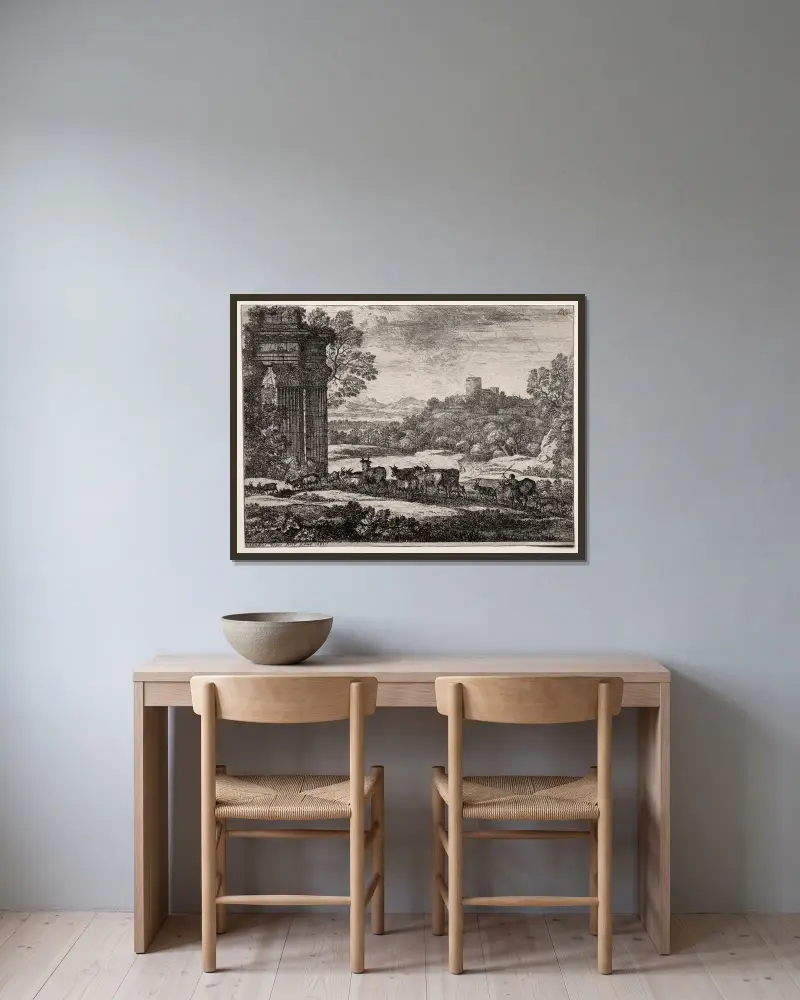 Hjorden återvänder i stormigt väder av Claude Lorrain inramad på en vägg