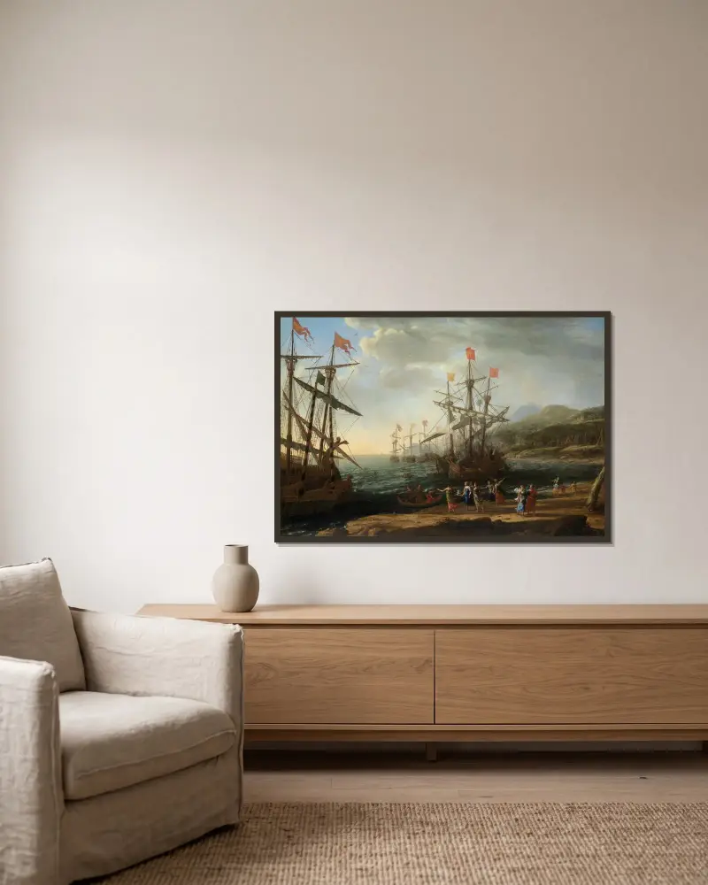 De trojanska kvinnorna som sätter eld på sin flotta av Claude Lorrain inramad på en vägg