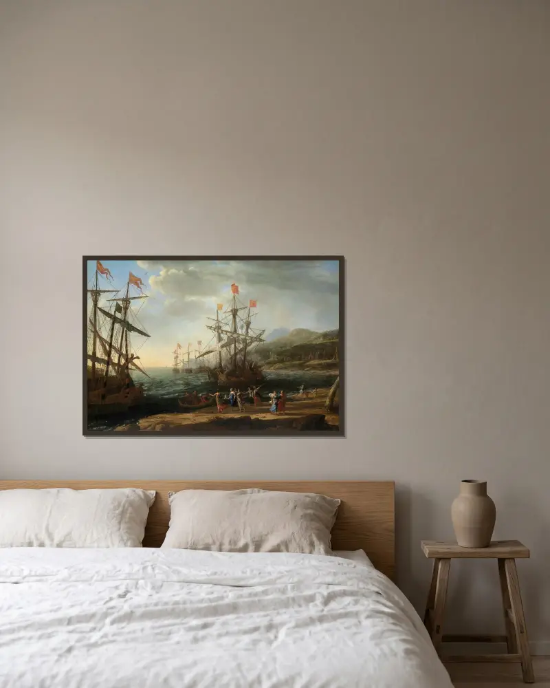 De trojanska kvinnorna som sätter eld på sin flotta av Claude Lorrain inramad på en vägg