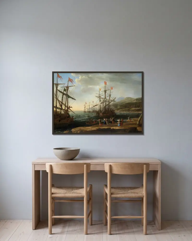 De trojanska kvinnorna som sätter eld på sin flotta av Claude Lorrain inramad på en vägg
