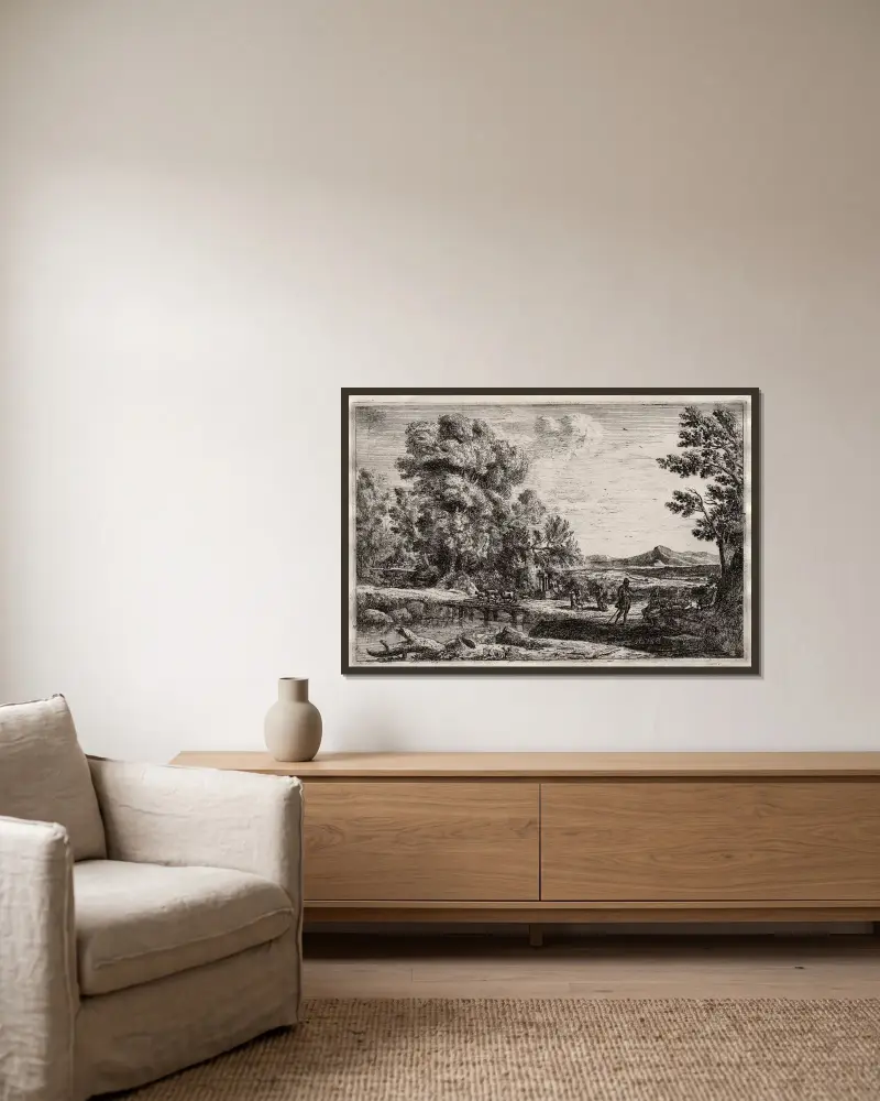 Träbron av Claude Lorrain inramad på en vägg