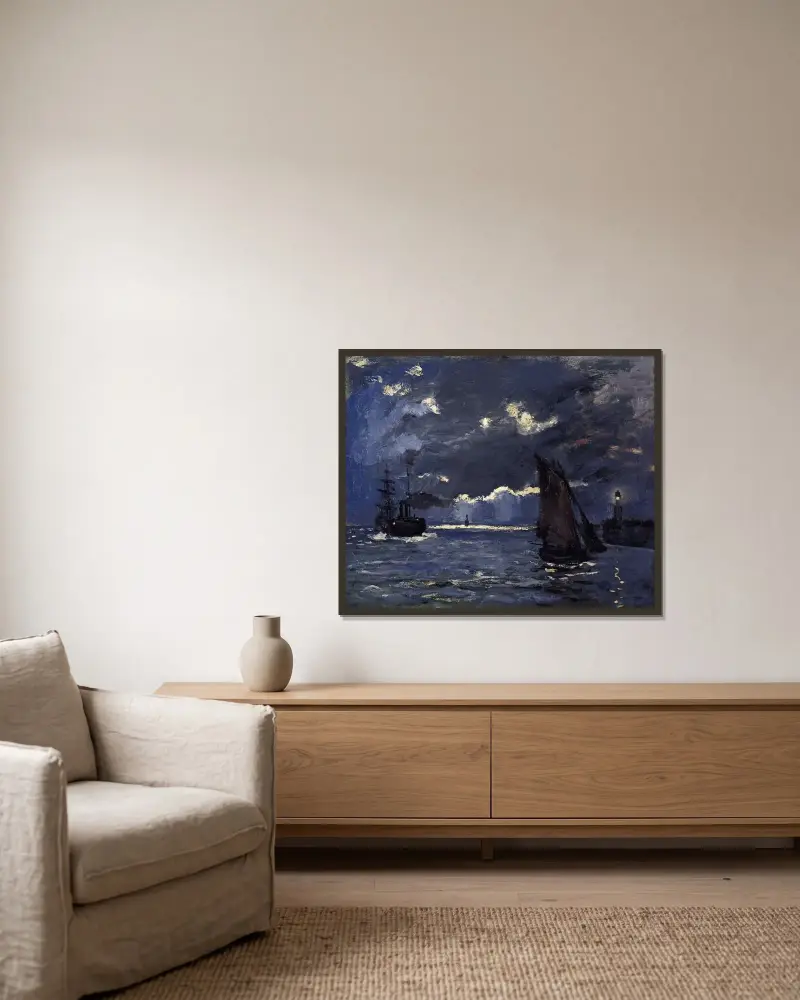 A Seascape, Shipping by Moonlight av Claude Monet inramad på en vägg