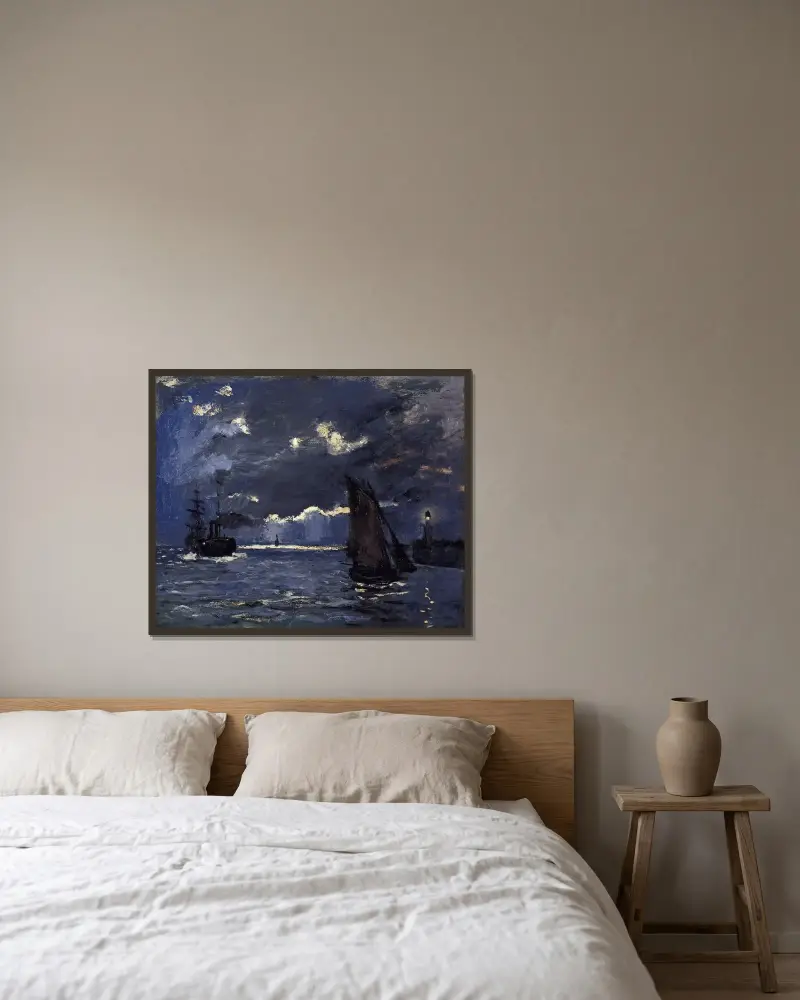 A Seascape, Shipping by Moonlight av Claude Monet inramad på en vägg