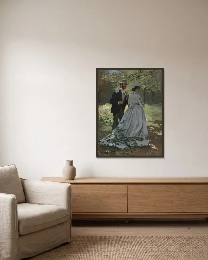 Bazille und Camille (Studie zu Das Frühstück im Grünen) von Claude Monet gerahmt an einer Wand