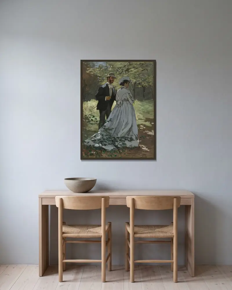 Bazille und Camille (Studie zu Das Frühstück im Grünen) von Claude Monet gerahmt an einer Wand