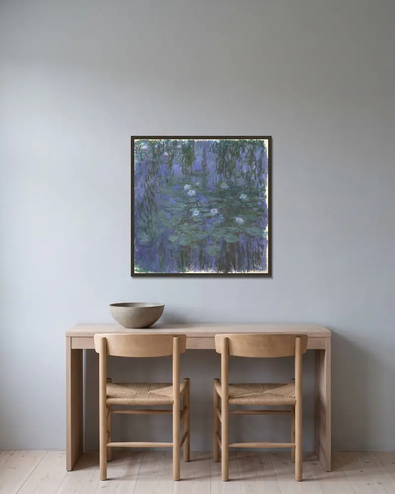 Blue Water Lilies av Claude Monet inramad på en vägg