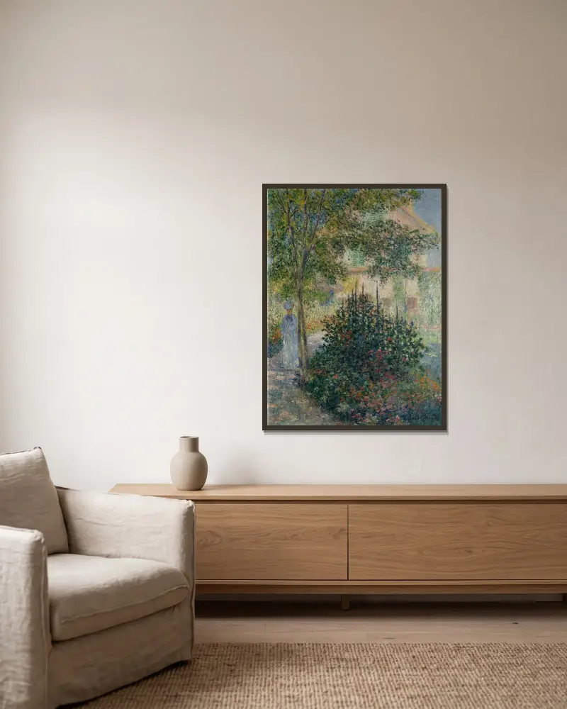 Camille Monet (1847–1879) i trädgården i Argenteuil av Claude Monet inramad på en vägg