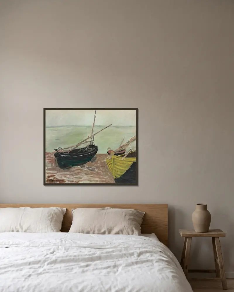 Étude de bateaux sur la plage d’Étretat av Claude Monet inramad på en vägg