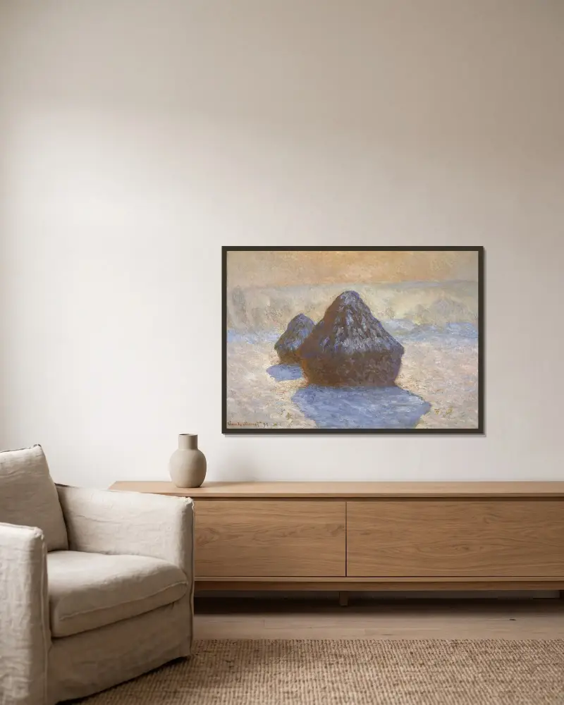 Kupky sena – sněhový efekt, Claude Monet v rámu na stěně