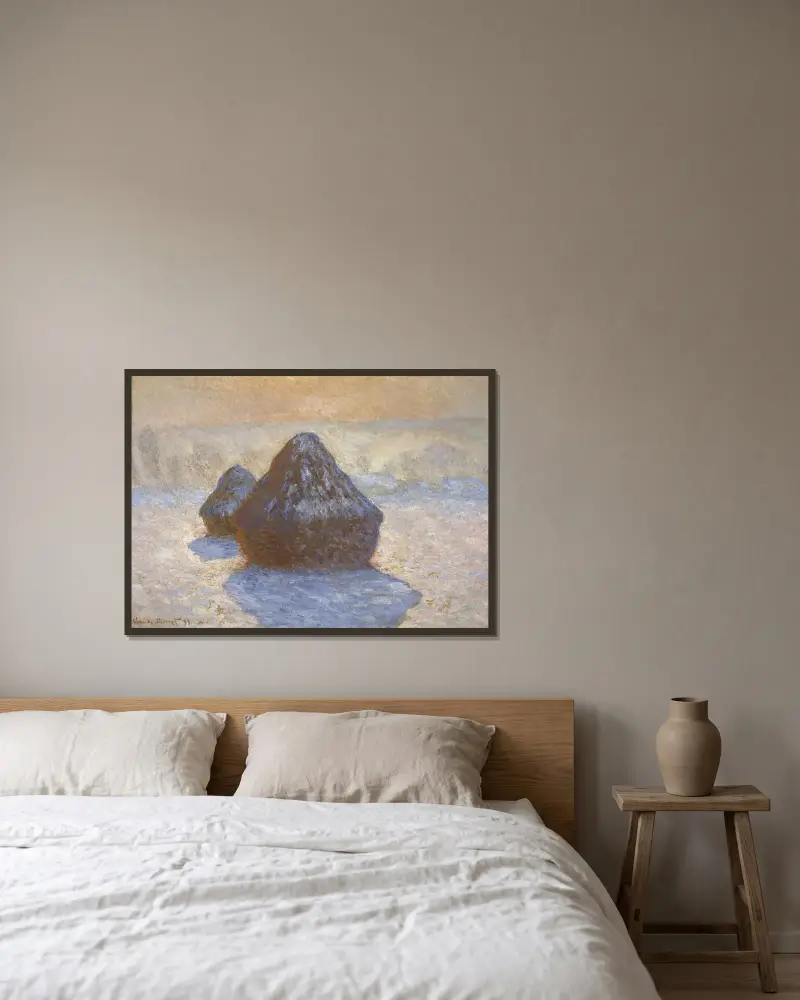 Kupky sena – sněhový efekt, Claude Monet v rámu na stěně