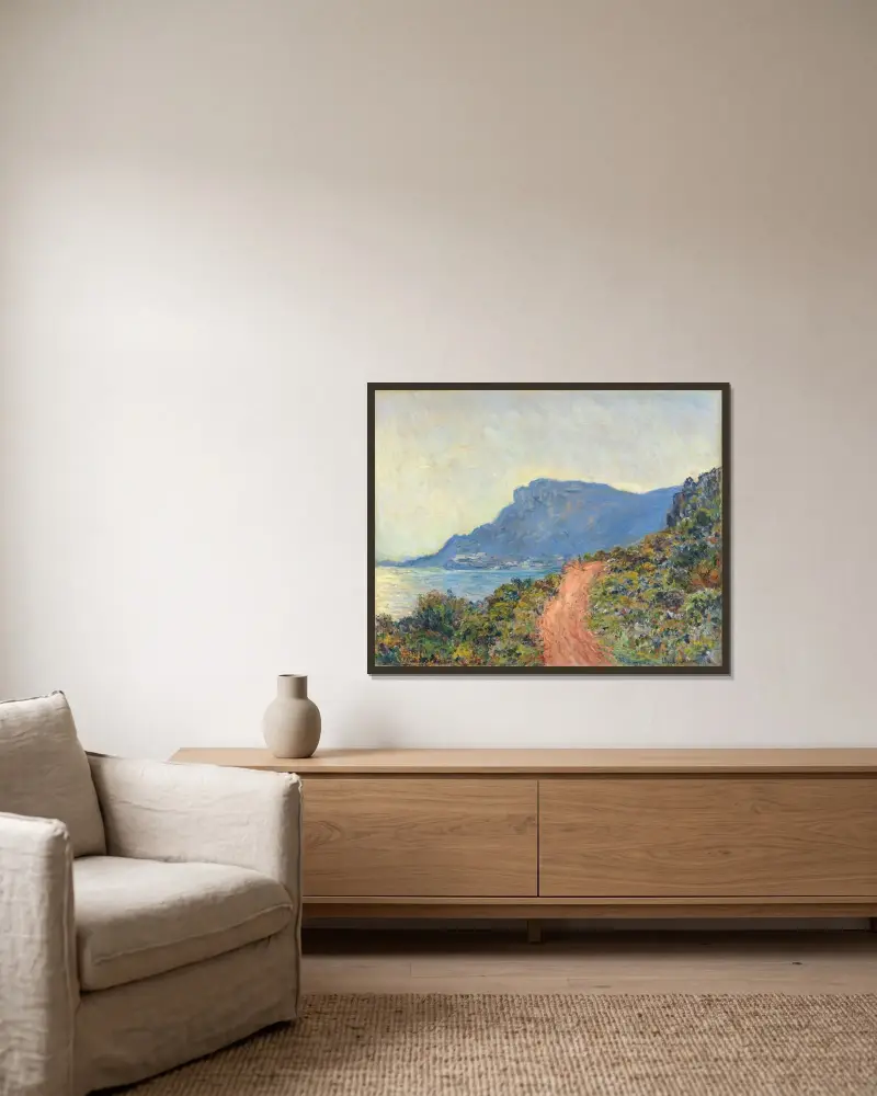 Die Küstenstraße bei Monaco von Claude Monet gerahmt an einer Wand