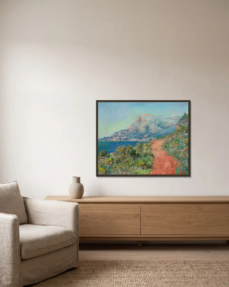La route rouge près de Menton av Claude Monet inramad på en vägg