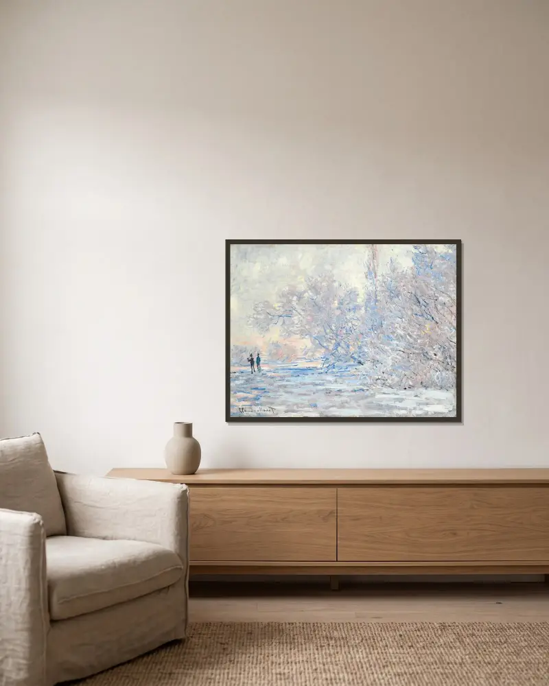 Der Frost in Giverny von Claude Monet gerahmt an einer Wand