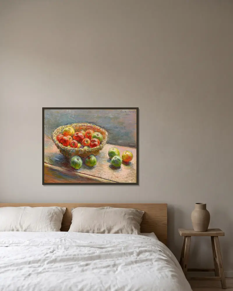 Der Apfelkorb von Claude Monet gerahmt an einer Wand