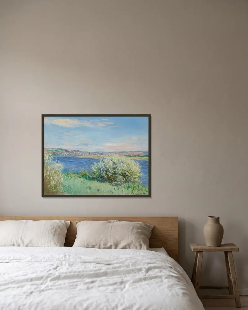 Les bords de la Seine près de Vétheuil av Claude Monet inramad på en vägg