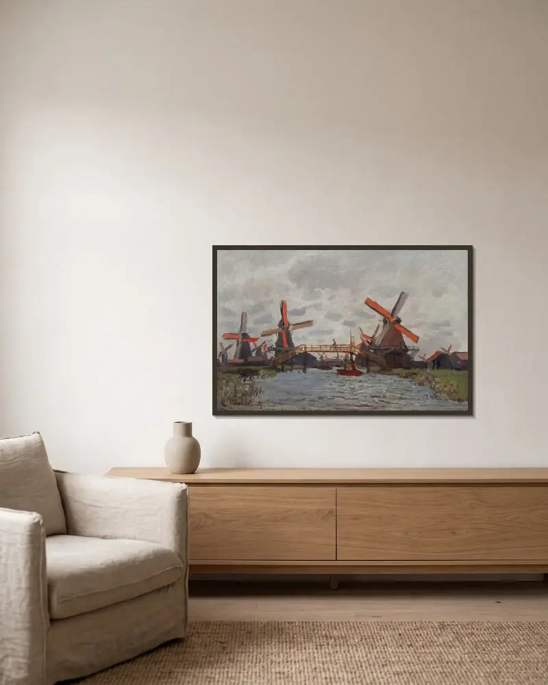 Mills at Westzijderveld near Zaandam av Claude Monet inramad på en vägg