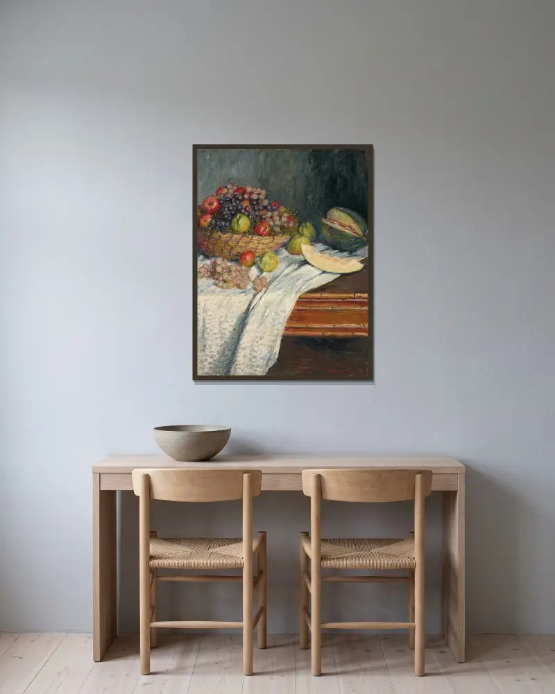 Nature morte au melon d’Espagne av Claude Monet inramad på en vägg