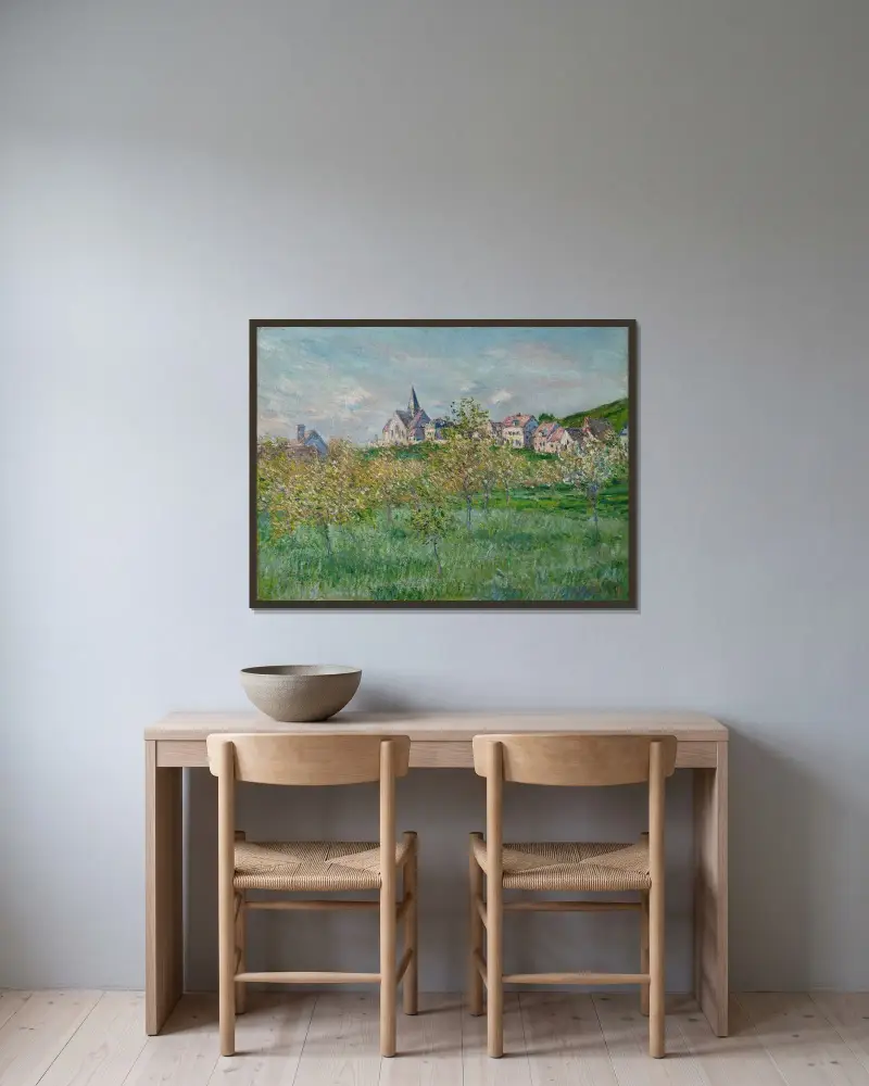 Printemps à Giverny, effet d’après-midi av Claude Monet inramad på en vägg