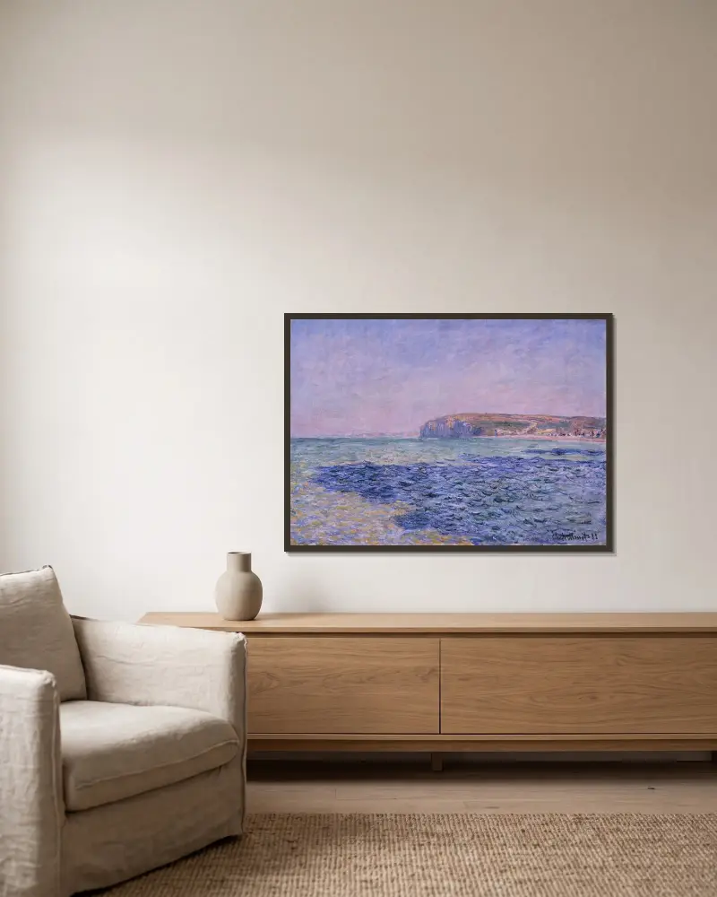 Schatten auf dem Meer. Die Klippen von Pourville von Claude Monet gerahmt an einer Wand