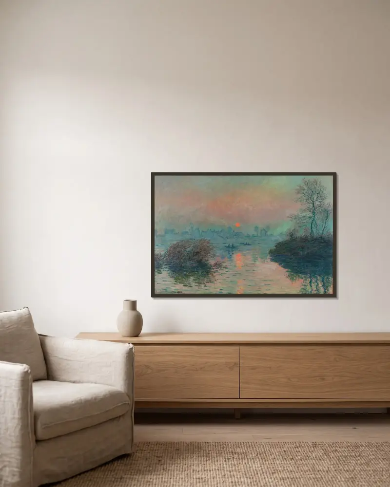 Soleil couchant sur la Seine à Lavacourt, effet d’hiver av Claude Monet inramad på en vägg