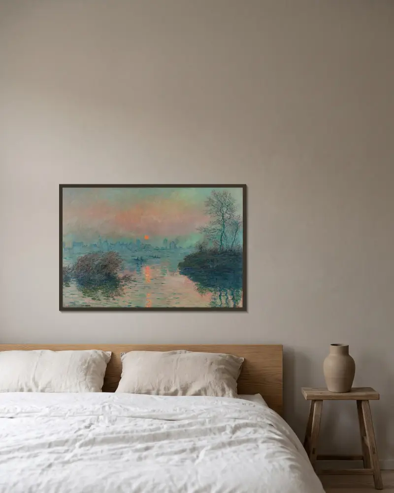 Soleil couchant sur la Seine à Lavacourt, effet d’hiver av Claude Monet inramad på en vägg