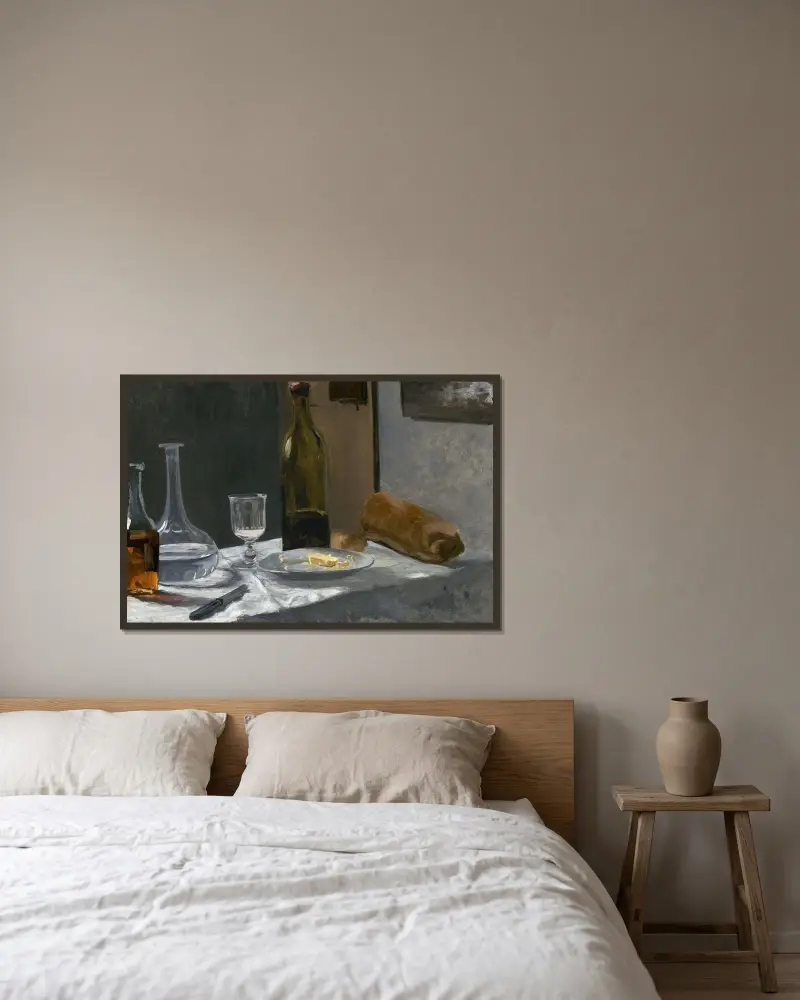 Still Life with Bottle,Carafe Bread and Wine av Claude Monet inramad på en vägg