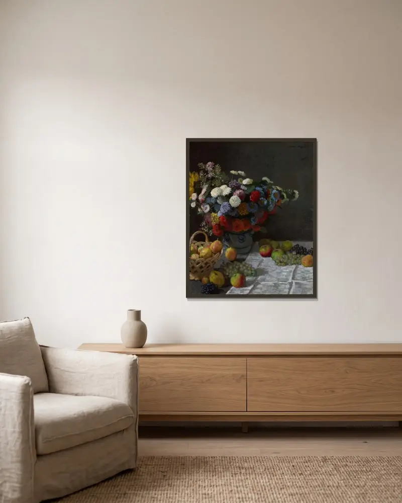 Still Life with Flowers and Fruit av Claude Monet inramad på en vägg