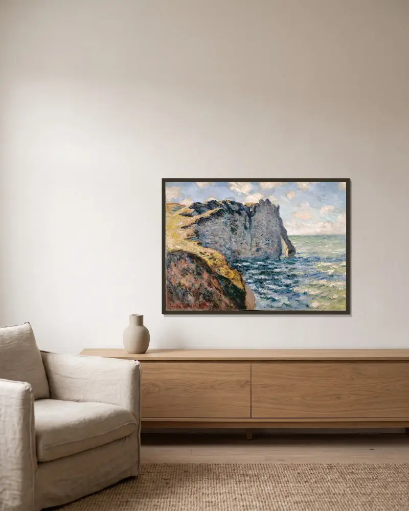 The Cliff of Aval, Etrétat av Claude Monet inramad på en vägg