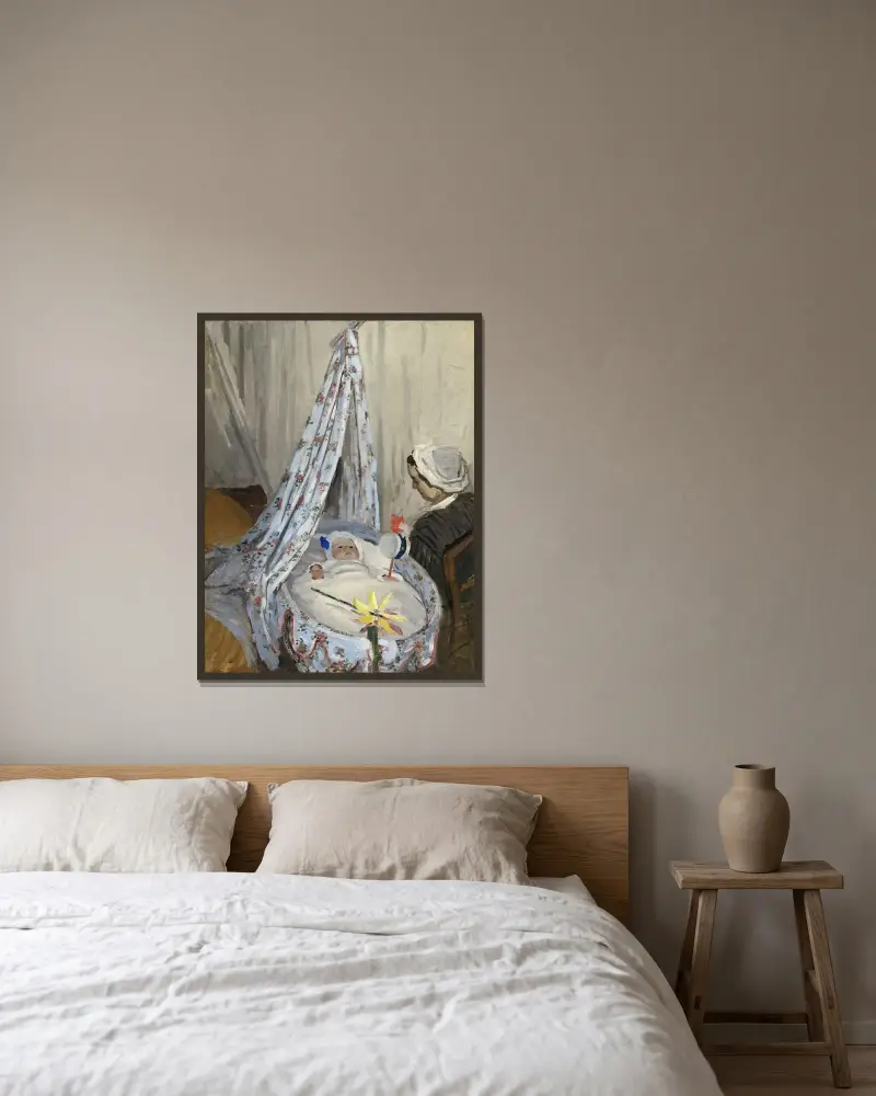 Die Wiege – Camille mit dem Sohn des Künstlers, Jean von Claude Monet gerahmt an einer Wand