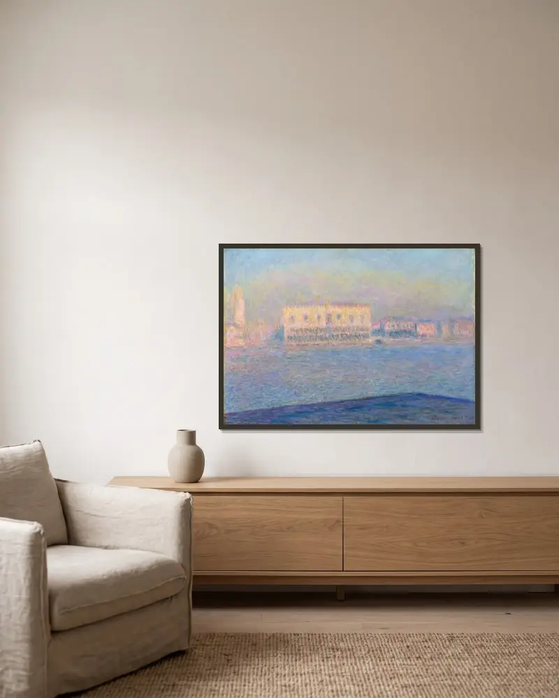 Dogepalatset sett från San Giorgio Maggiore av Claude Monet inramad på en vägg