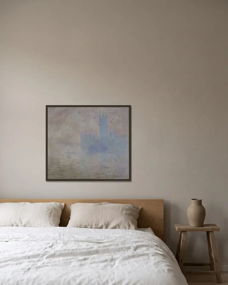 Parlamentshusen, måsar av Claude Monet inramad på en vägg