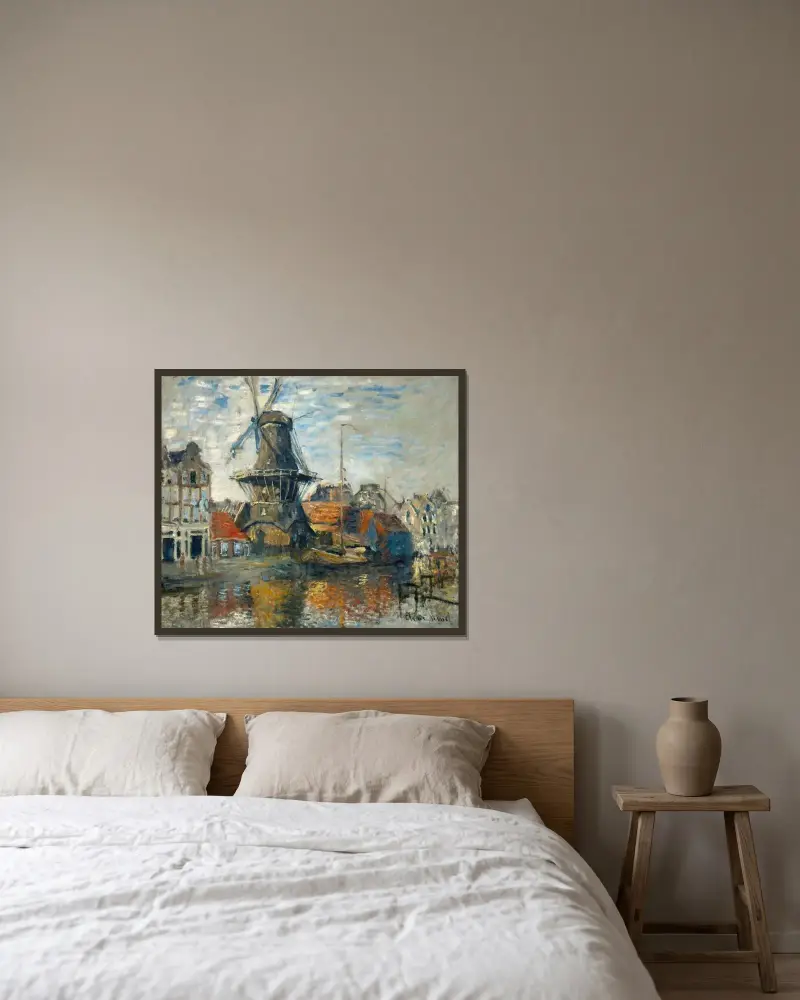 The Windmill on the Onbekende Gracht, Amsterdam av Claude Monet inramad på en vägg
