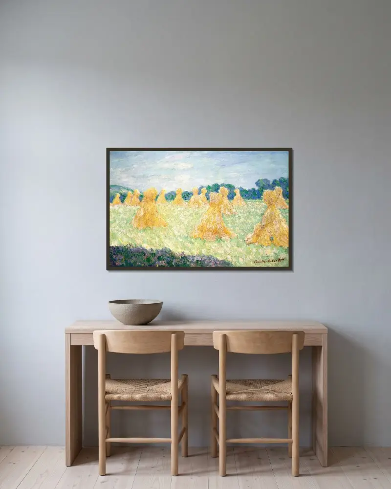 De unga damerna i Giverny, soleffekt av Claude Monet inramad på en vägg