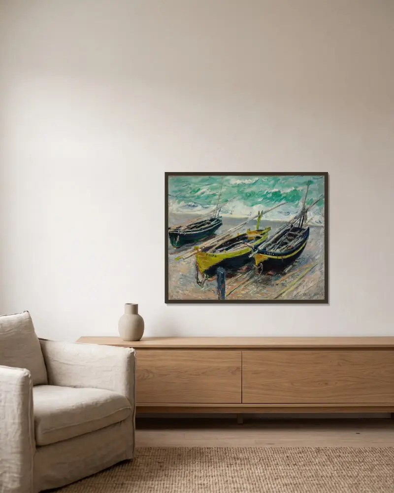 Three Fishing Boats av Claude Monet inramad på en vägg