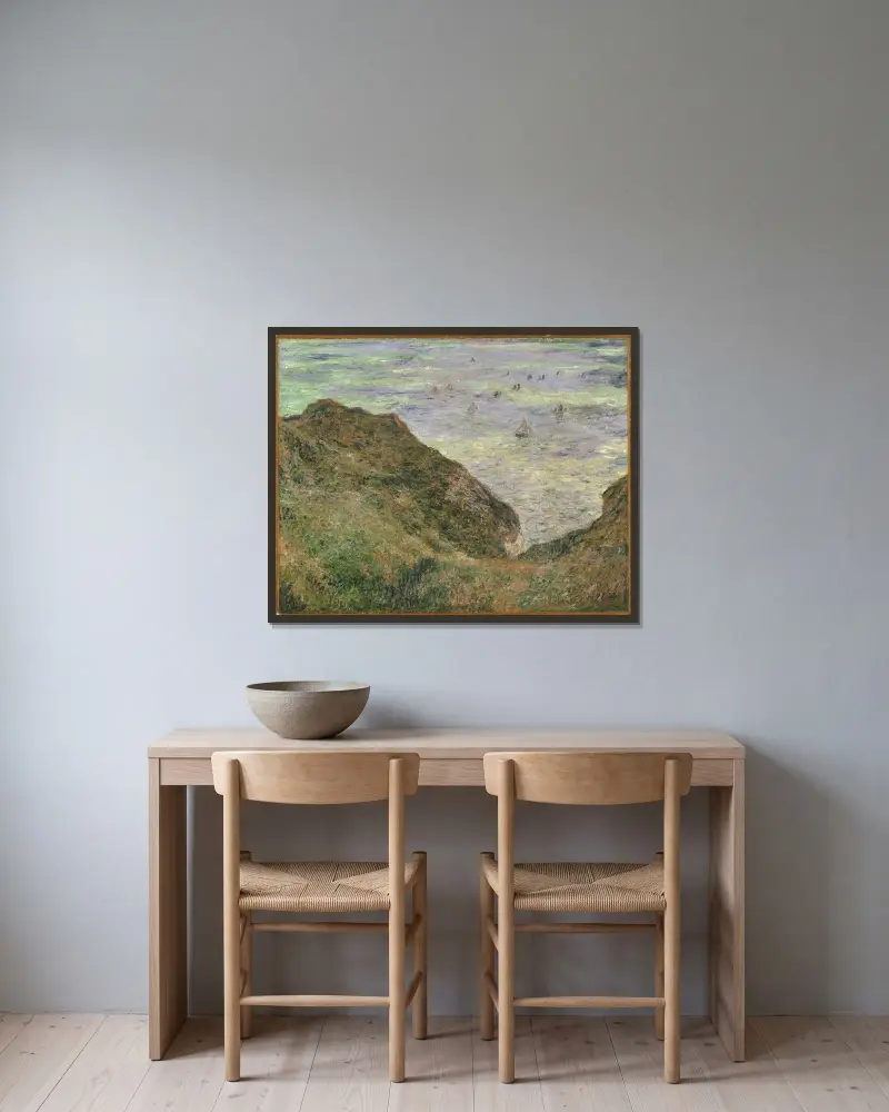 Blick auf das Meer von Claude Monet gerahmt an einer Wand