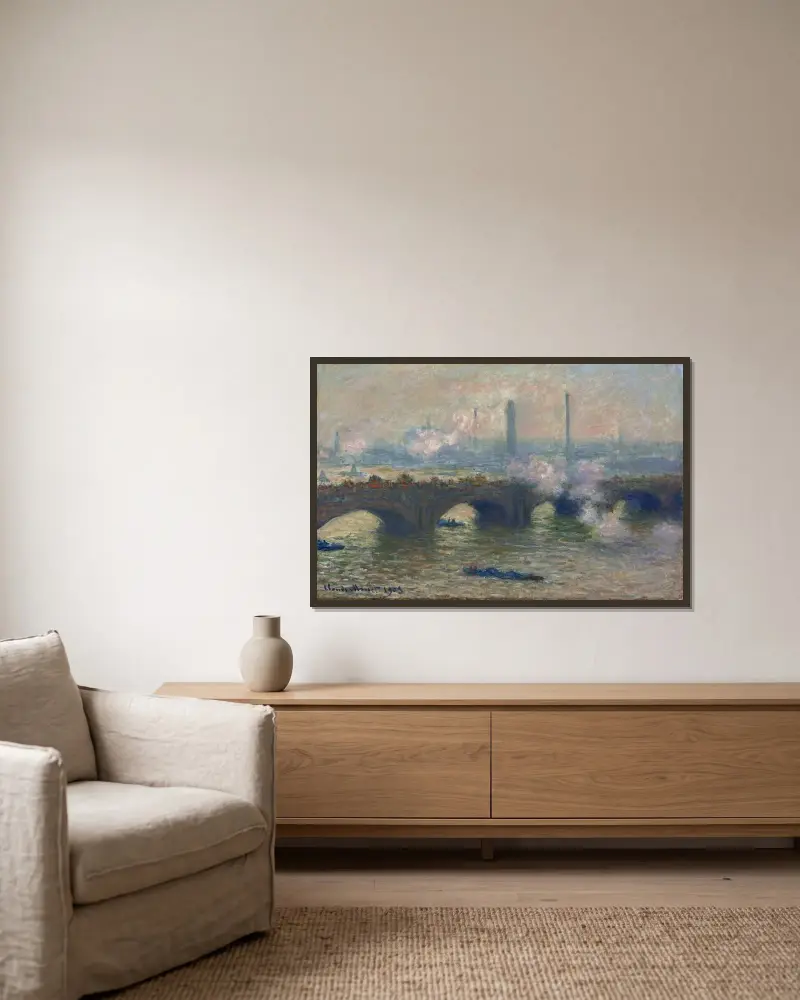 Waterloo Bridge, šedý den, Claude Monet v rámu na stěně