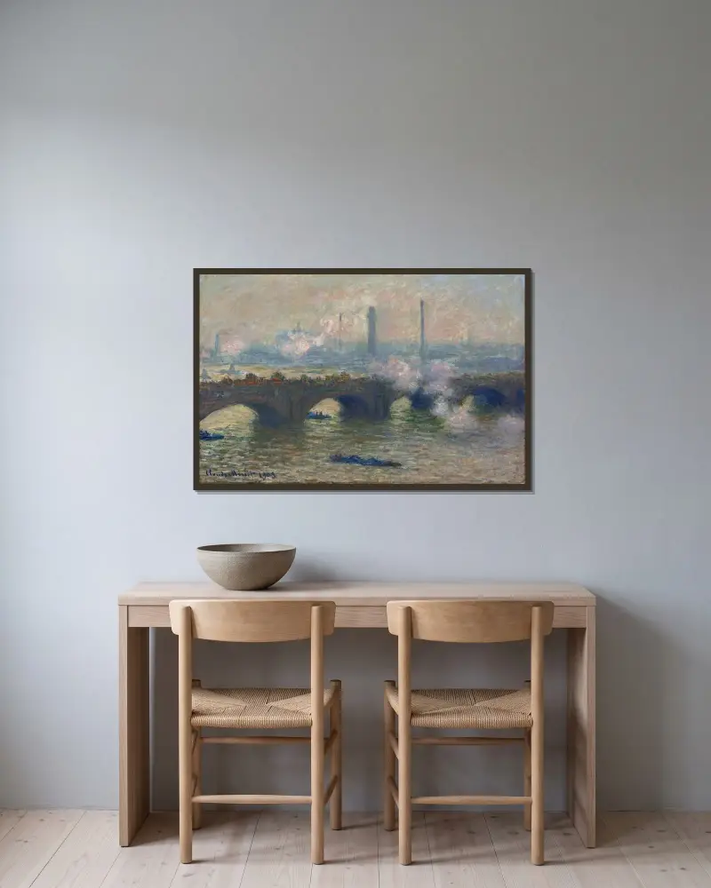 Waterloo Bridge, šedý den, Claude Monet v rámu na stěně
