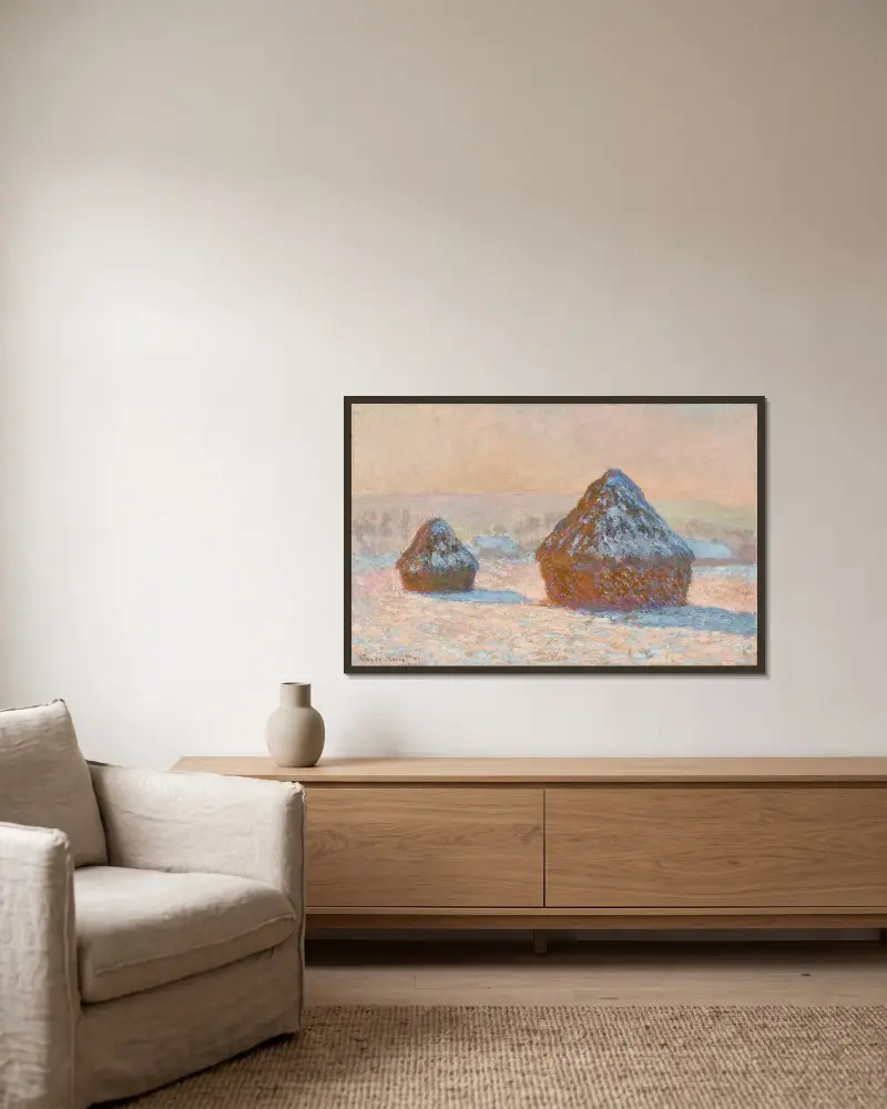 Getreideschober, Schneeeffekt, Morgen von Claude Monet gerahmt an einer Wand
