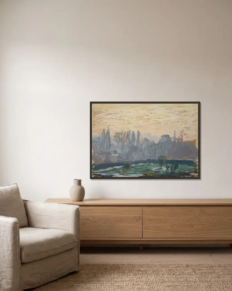 Winterlandschaft mit Abendhimmel von Claude Monet gerahmt an einer Wand