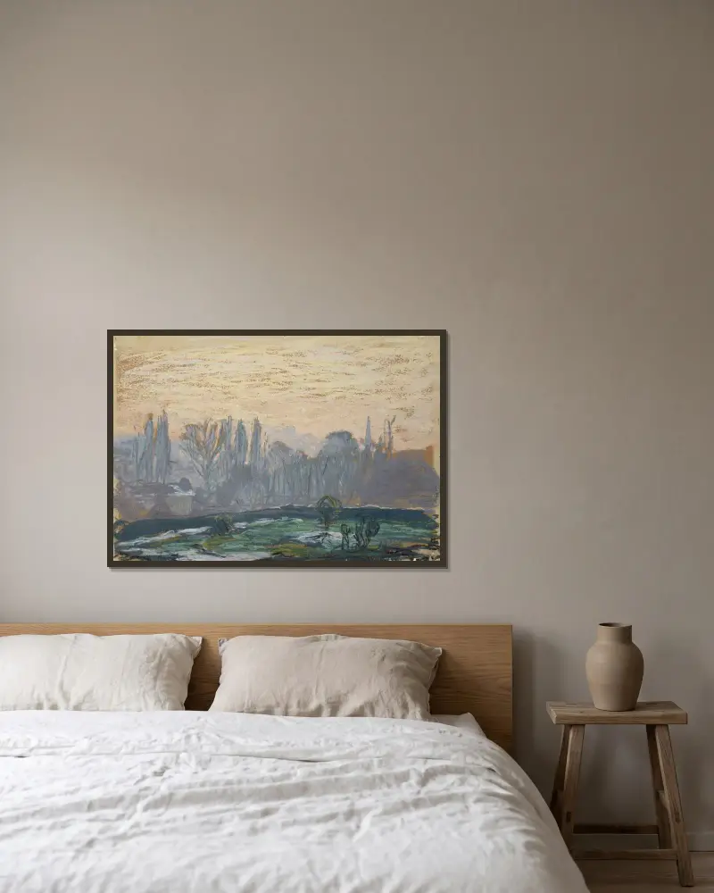 Winterlandschaft mit Abendhimmel von Claude Monet gerahmt an einer Wand