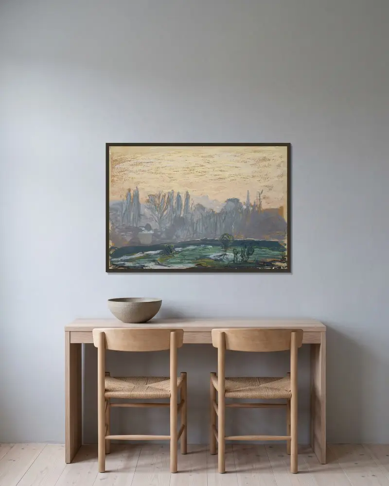 Winterlandschaft mit Abendhimmel von Claude Monet gerahmt an einer Wand