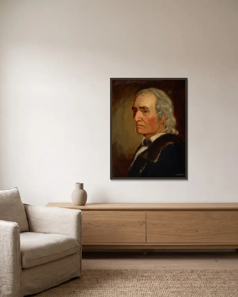Portrait of Thomas Lakin av Theodore Clement Steele inramad på en vägg