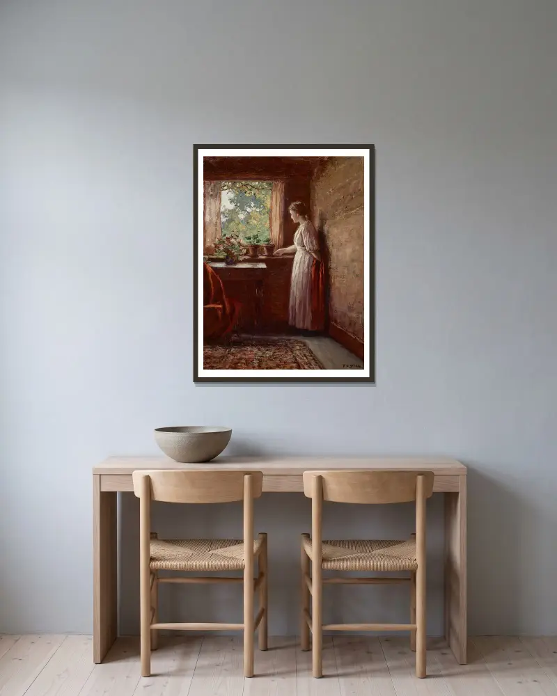 Das Mädchen am Fenster von Theodore Clement Steele gerahmt an einer Wand