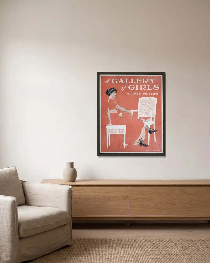 A gallery of girls – Omslag av Coles Phillips inramad på en vägg