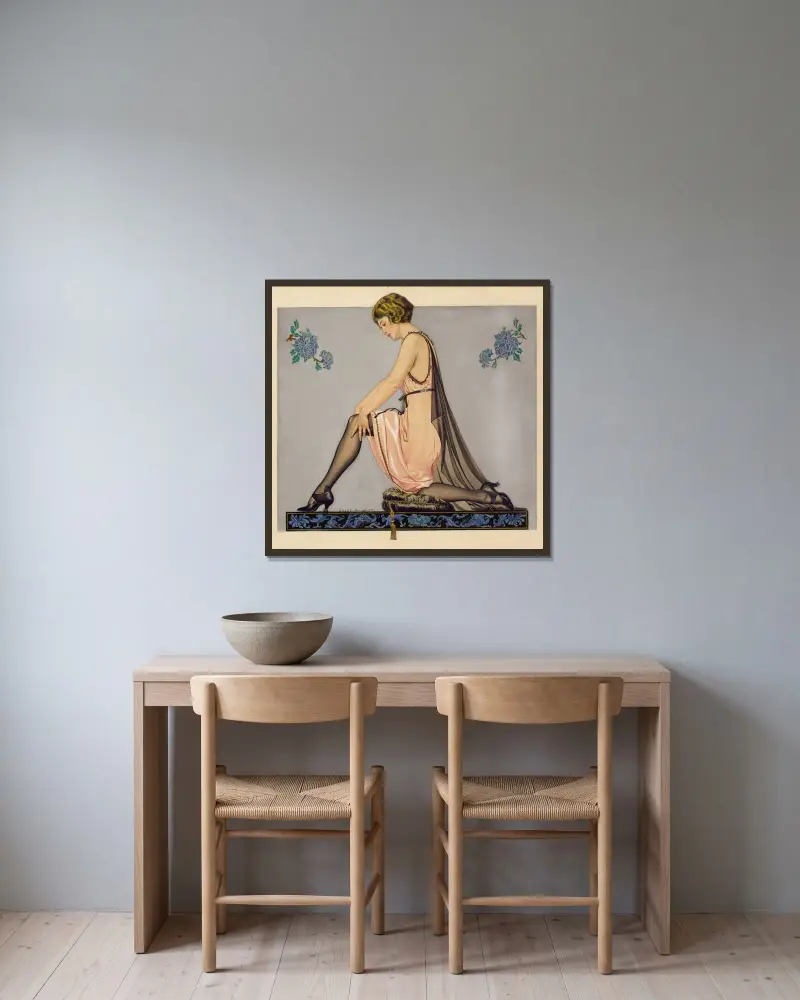 Holeproof Hosiery Company ad illustration av Coles Phillips inramad på en vägg